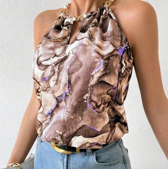 Frenchy Women's Marble Print Halter Neck Blouse - Picture 4 of 5